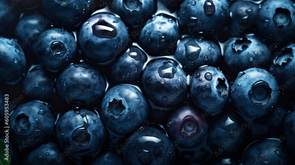 Fresh ripe blueberries with water drops background. Berries backdrop. Generative AI