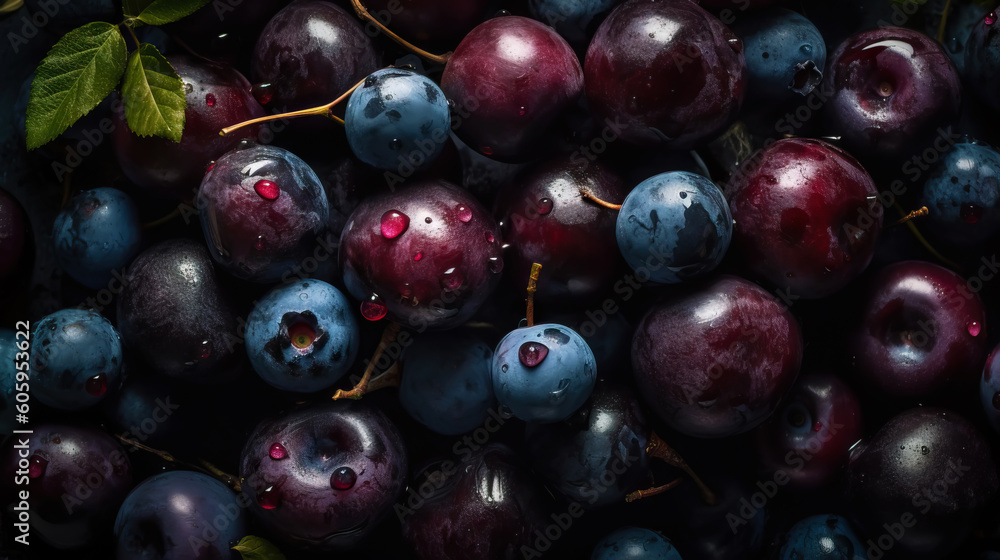 Fresh ripe huckleberry with water drops background. Berries backdrop. Generative AI