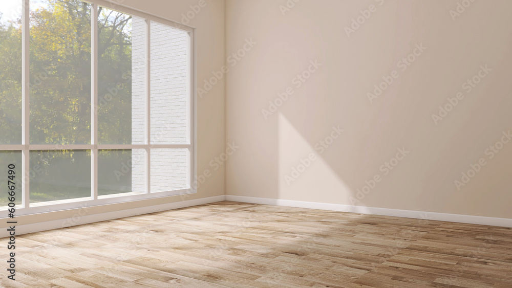 Empty room corner with large glass white frame window, blank beige wall, parquet floor, tree view in