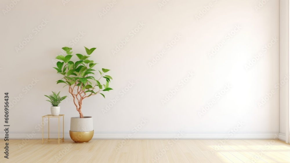 The interior of minimal white tone color and wooden floor room with armchair and potted plants. Gene