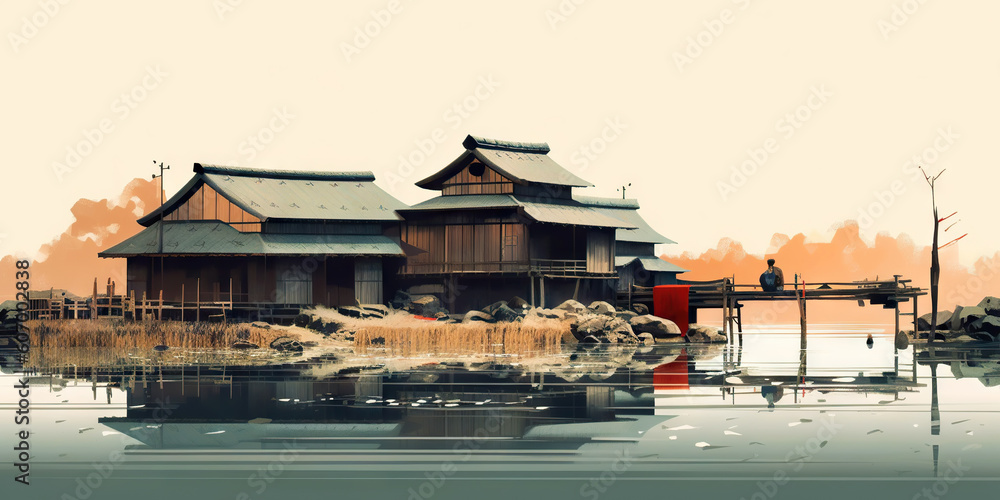 Minimalistic japanese village concept. Traditional scenic landscape. Generative AI