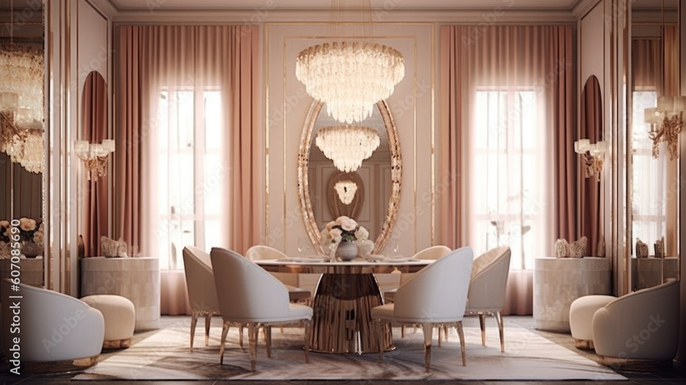 Interior design inspiration of Glam Art Deco style home dining room loveliness decorated with Glass 