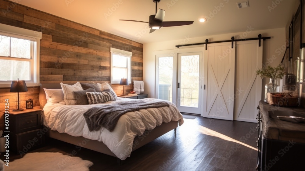 Bedroom decor, home interior design . Modern Farmhouse Industrial style with Barn Doors decorated wi