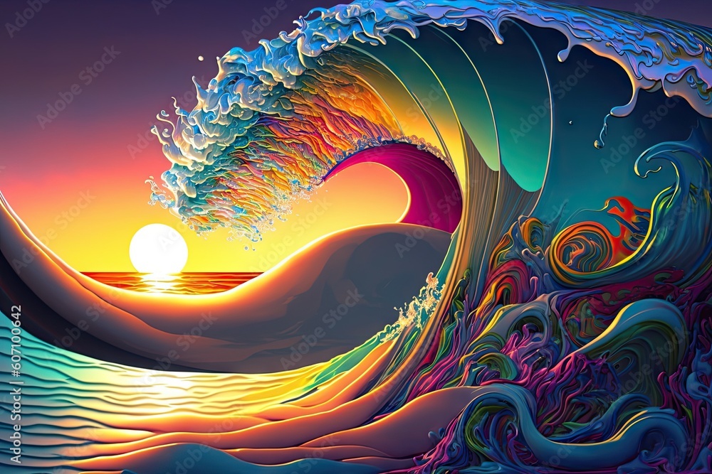 Waves ocean sunbeams artwork colorful water high details. Generative AI AIG15.