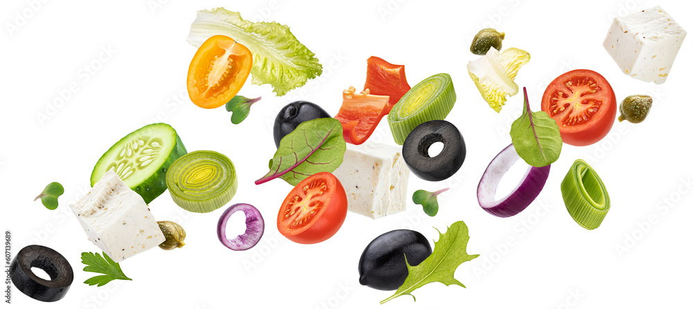 Falling greek salad isolated on white background 