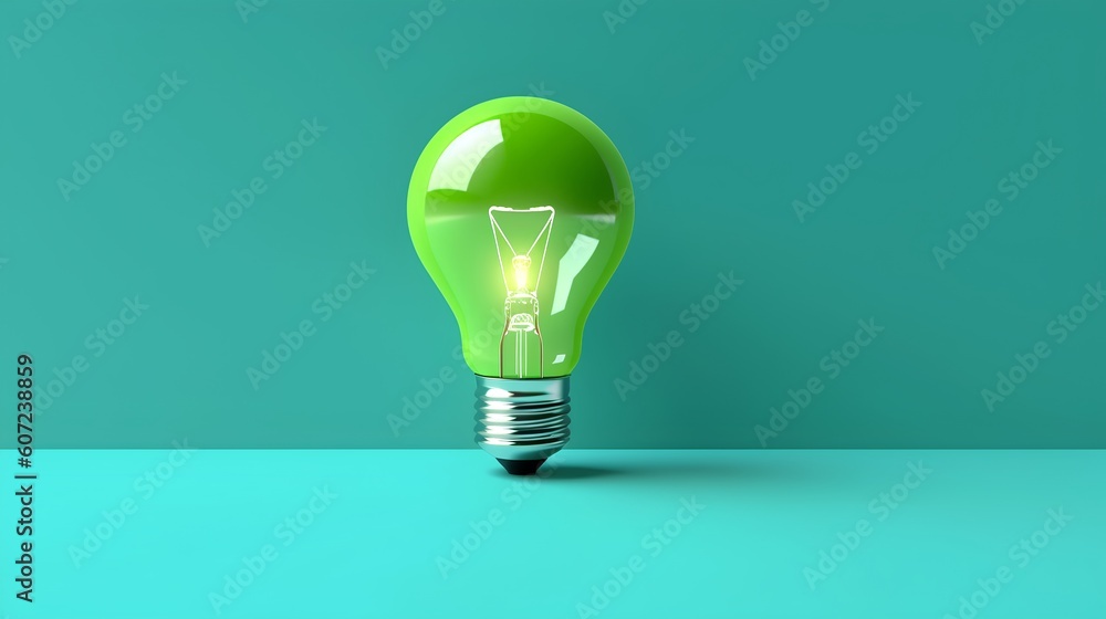 Green light bulb with leaves and background copy space. Innovation and sustainability, promoting eco