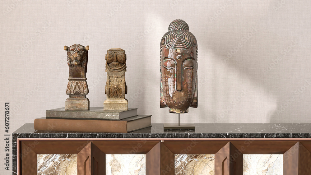 Bronze antique art sculpture, book on black marble top of vintage wooden cabinet, shelf in sunlight 