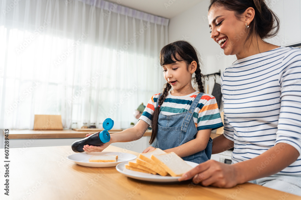 Caucasian happy family, parent spend time with kid together at home. 