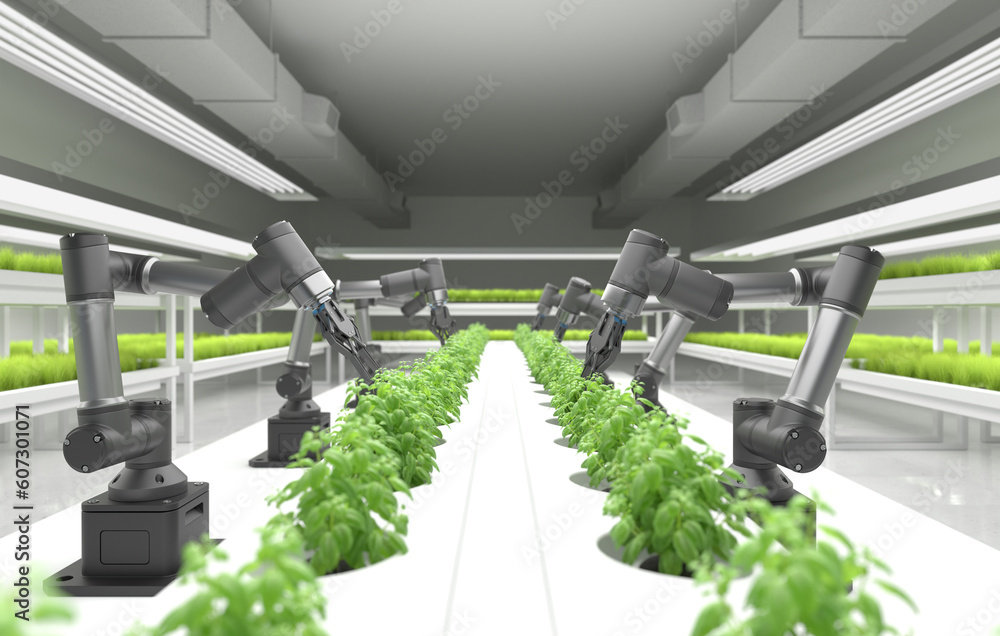 Smart robotic farmers concept, robot farmers, Agriculture technology, Farm automation.