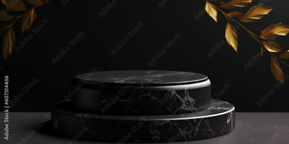 Podium made of black marble with gold, pedestal or platform. Advertising scene. Blank product stand.