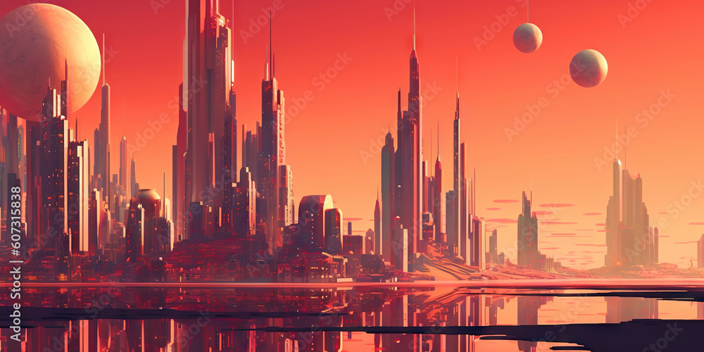 Panoramic cityscape in cyberpunk futuristic style. Towering skyscrapers in neon retrowave colors. Ge