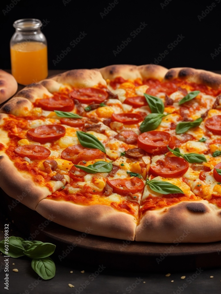 pizza with salami and tomatoes