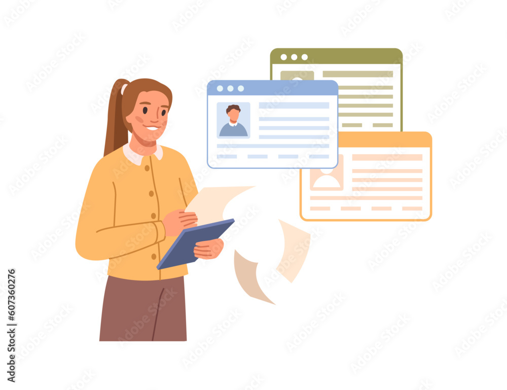 Human resource management and hiring concept. Job interview, recruitment agent woman looking at resu