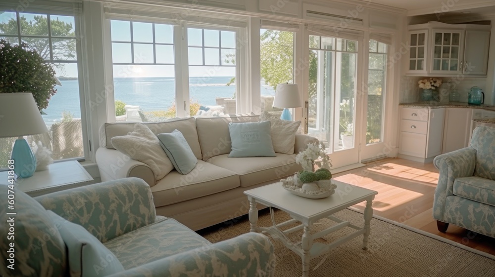 Living room decor, home interior design . Coastal Traditional style with Ocean View decorated with R