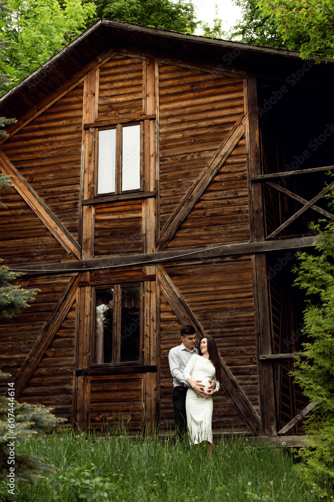 beautiful pregnant couple on the background of a wooden ecological house in the forest. a man hugs a