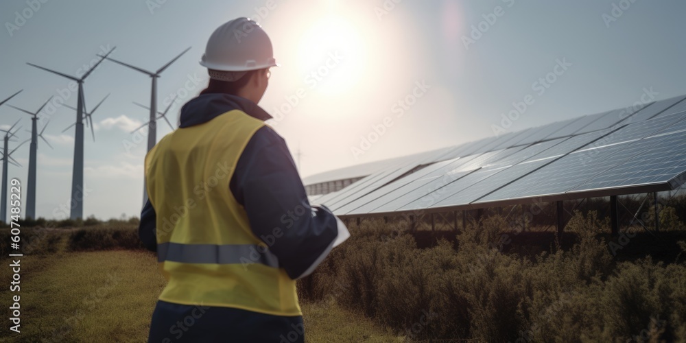 Back view of female engineer working at solar farm wearing hard hat. Generative AI AIG20.