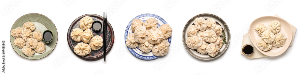 Collage of tasty Asian dumplings on white background, top view