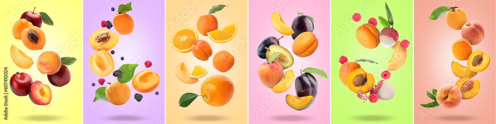 Collage with many flying fruits and berries on colorful background