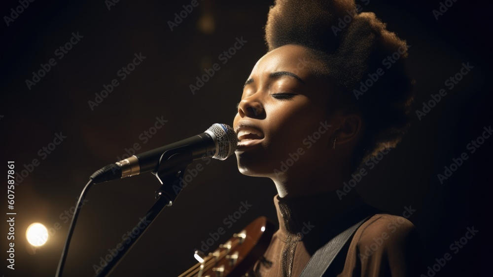 Musician Female African-American Young adult Singing and playing guitar on stage in Music venue. Gen