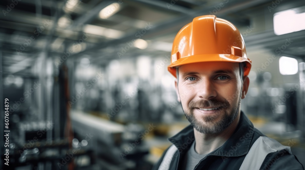 Blonde male engineer smiling, standing inside the smart factory with robotic arm looking at the came