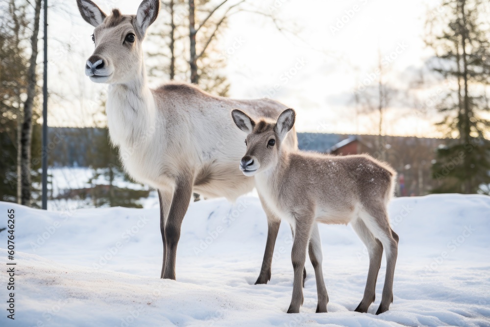 two deer standing on a snowy landscape Generative AI