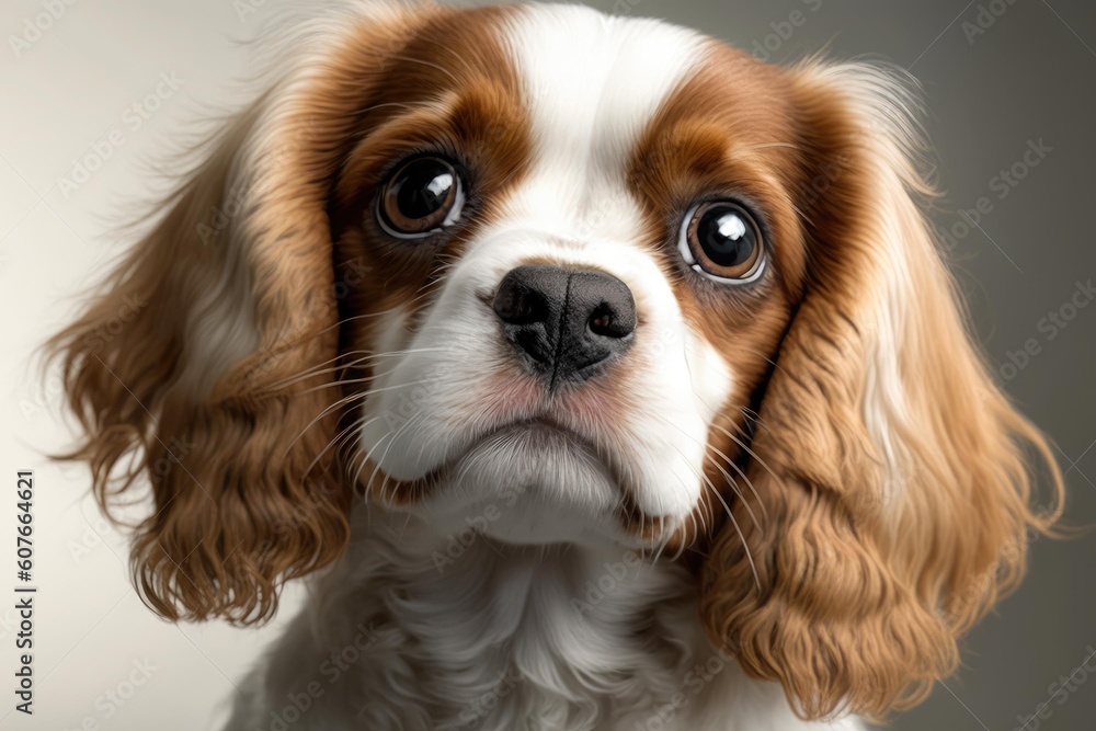 Close up of Cavalier King Charles Spaniel dog with white background very high quality. Generative AI