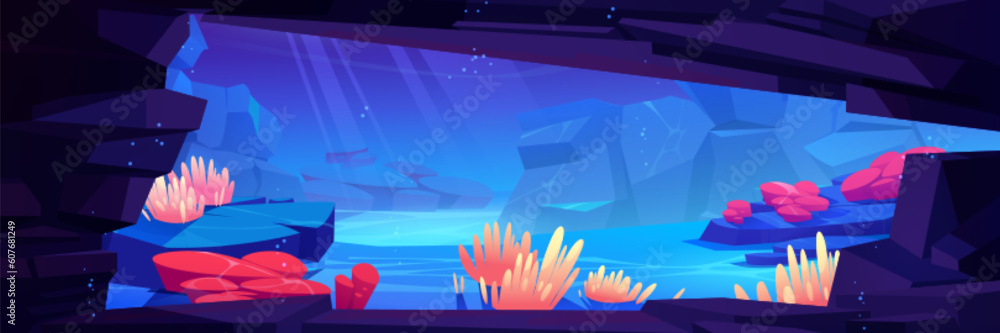 Sea bottom view from inside underwater cave. Vector cartoon illustration of rocky landscape in deep 