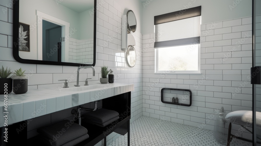 Interior design of Bathroom in Minimalist style with Floating Vanity decorated with Subway Tile, Hex