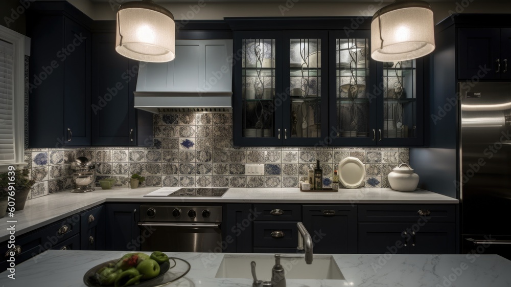 Interior design of Kitchen in Transitional style with Backsplash decorated with Ceramic, glass, marb