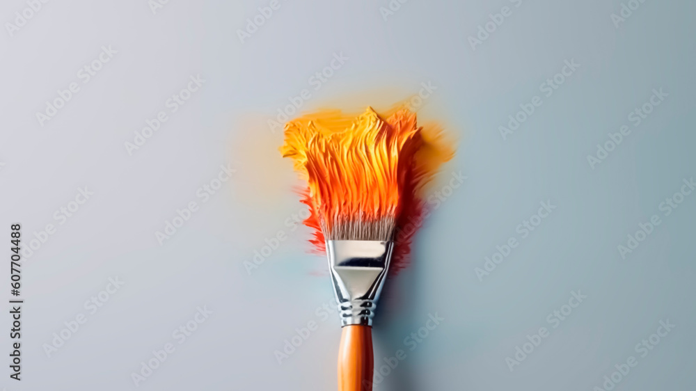 Paint brush with orange paint on a blue background, Top view. Generative AI.