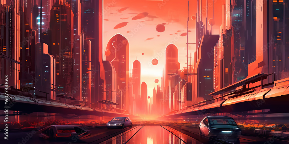 Panoramic cityscape in cyberpunk futuristic style. Towering skyscrapers in neon retrowave colors. Ge