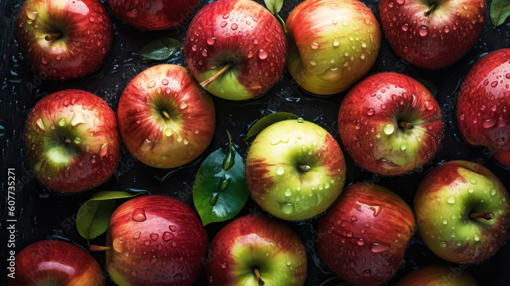 Fresh ripe apples with water drops background. Fruits backdrop. Generative AI