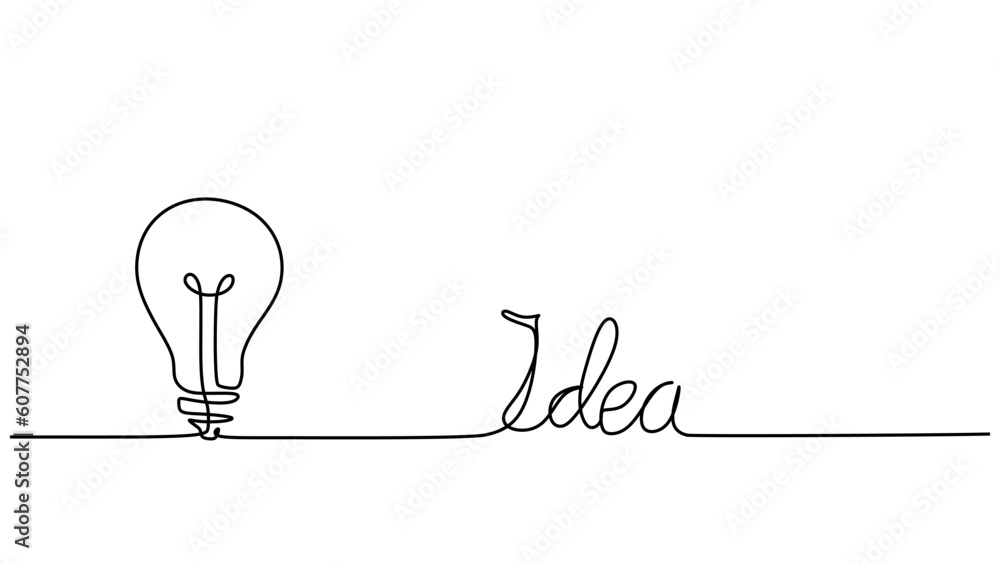 Light bulb continuous one line drawing, vector creative solution with idea text. Minimalist hand con