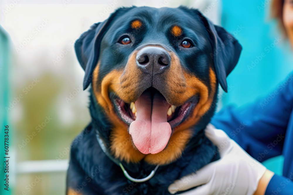 Close up of a beautiful rottweiler dog at the veterinarian. Sick cute pet sitting at the examination