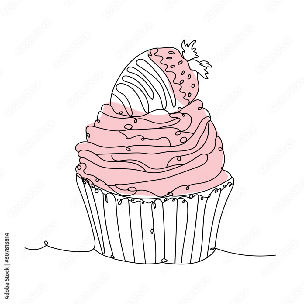 Drawn strawberry cupcake on white background