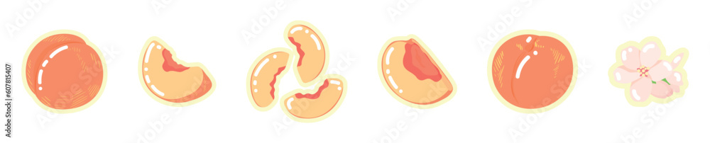 Set of sweet ripe peaches on white background