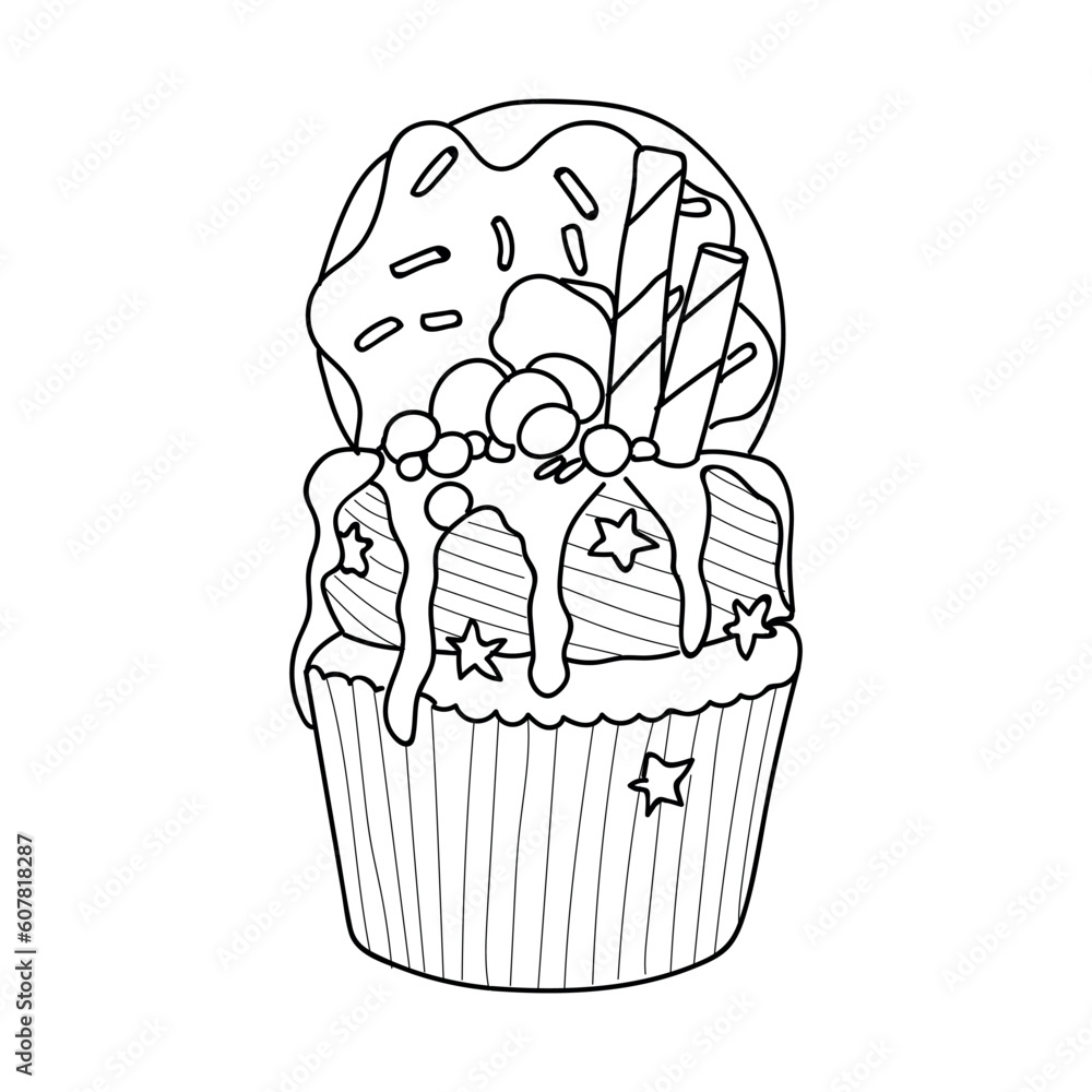 Drawn tasty cupcake with doughnut on white background