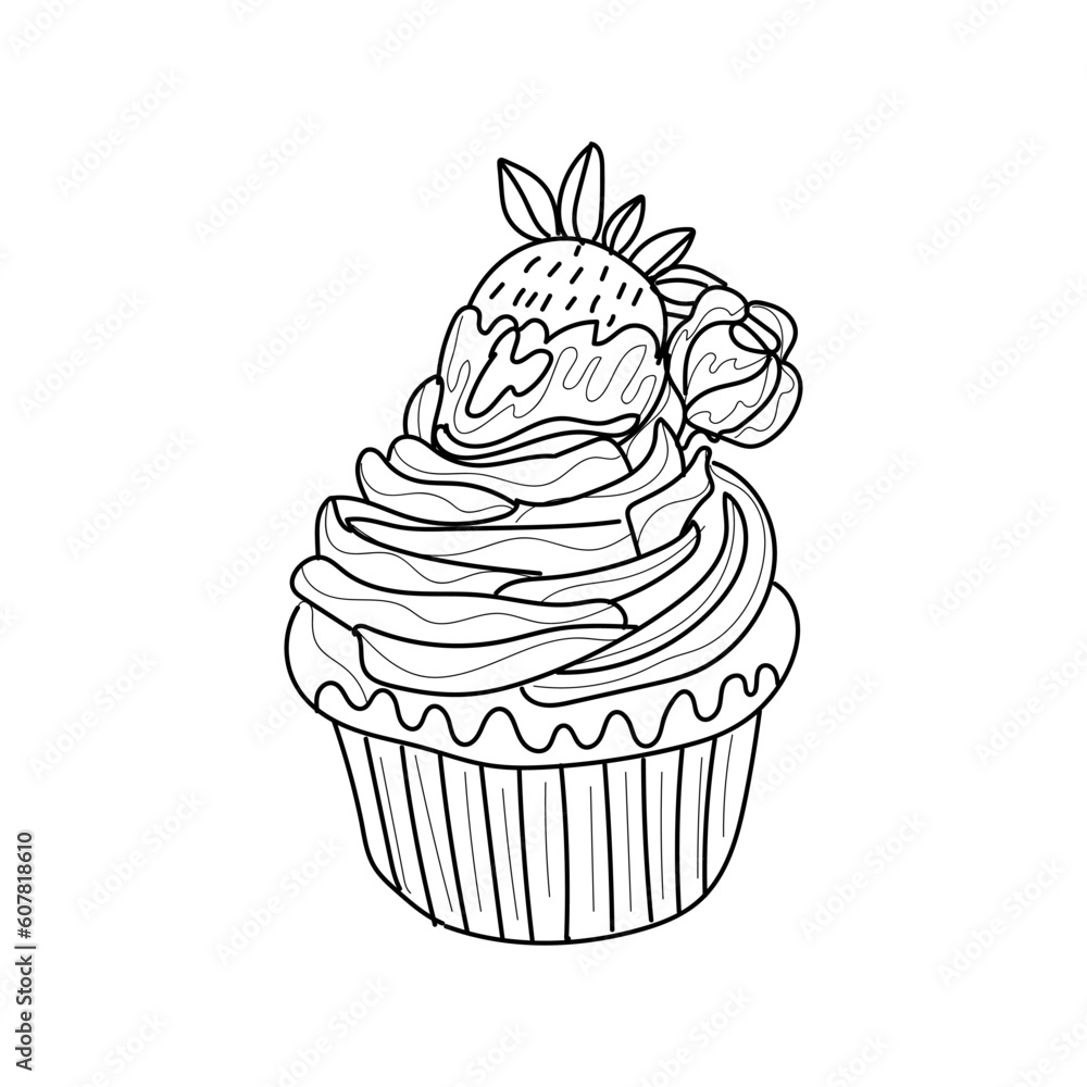 Drawn tasty cupcake on white background