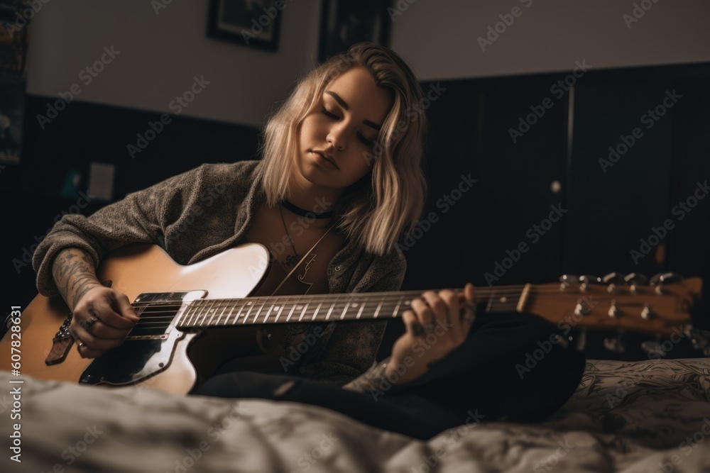 Female Caucasian teenager playing guitar in bedroom activity music. Generative AI AIG23.