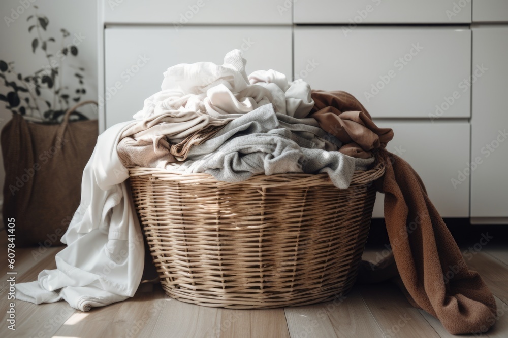 laundry basket overflowing with warm and fresh clothes on a breezy day, created with generative ai