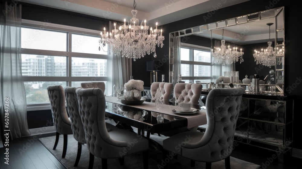 Interior design of Dining Room in Glamorous style with Crystal chandelier decorated with Velvet dini