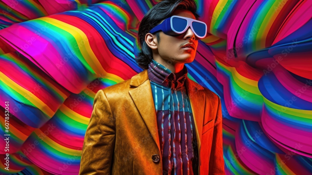 Young male model wearing VR posing with trendy man fashion outfit and colorful red optical art abstr