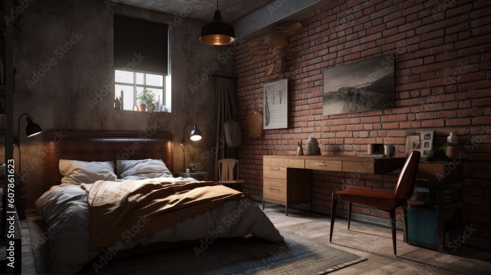 Bedroom decor, home interior design . Industrial Rustic style with Brick Wall decorated with Concret