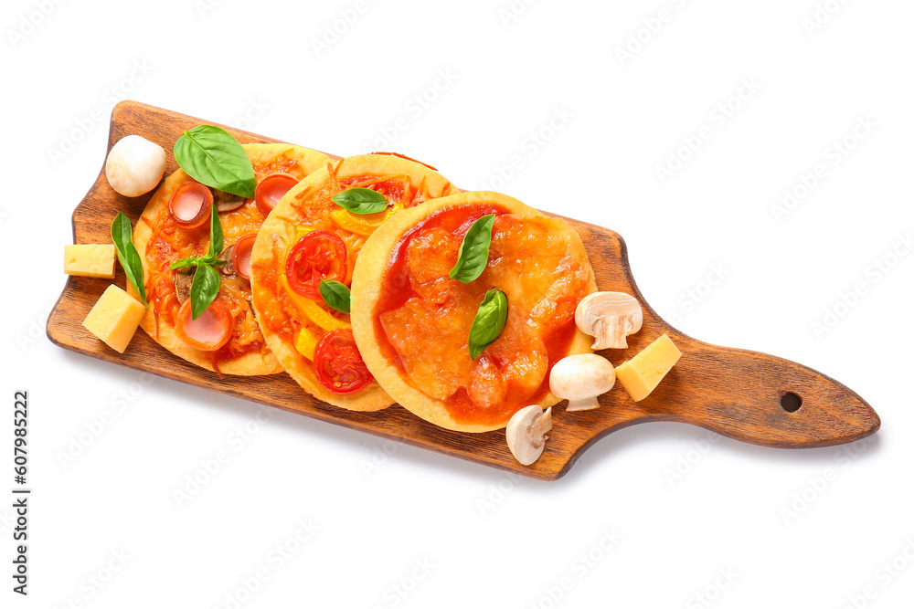 Board with different tasty mini pizzas on white background