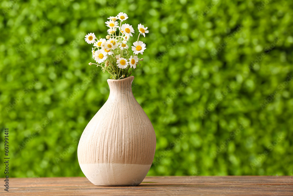 Vase with beautiful chamomile flowers on wooden table outdoors