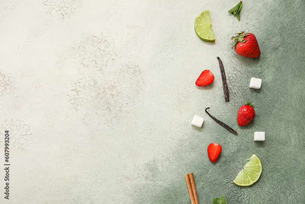 Ingredients for preparing strawberry compote on colorful background