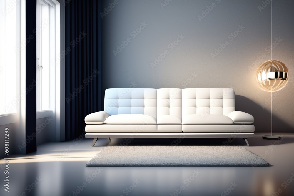 Beautiful modern white sofa in the interior against a gray wall. AI generated.