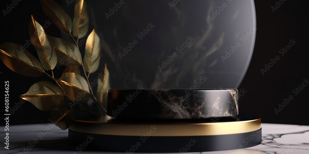 Podium made of black marble with gold, pedestal or platform. Advertising scene. Blank product stand.