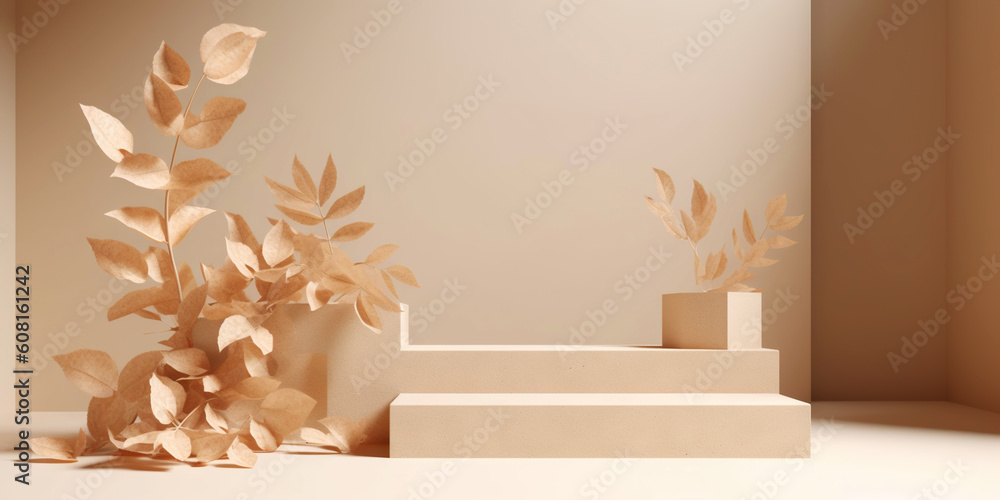 Beige podium for product display presentation. Sandstone and sandy colored plants. Generative AI