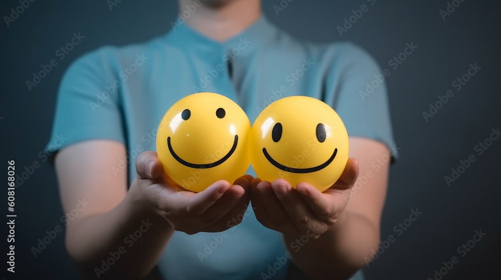 Hands holding happy smile relax face , good feedback rating, think positive, customer review, assess